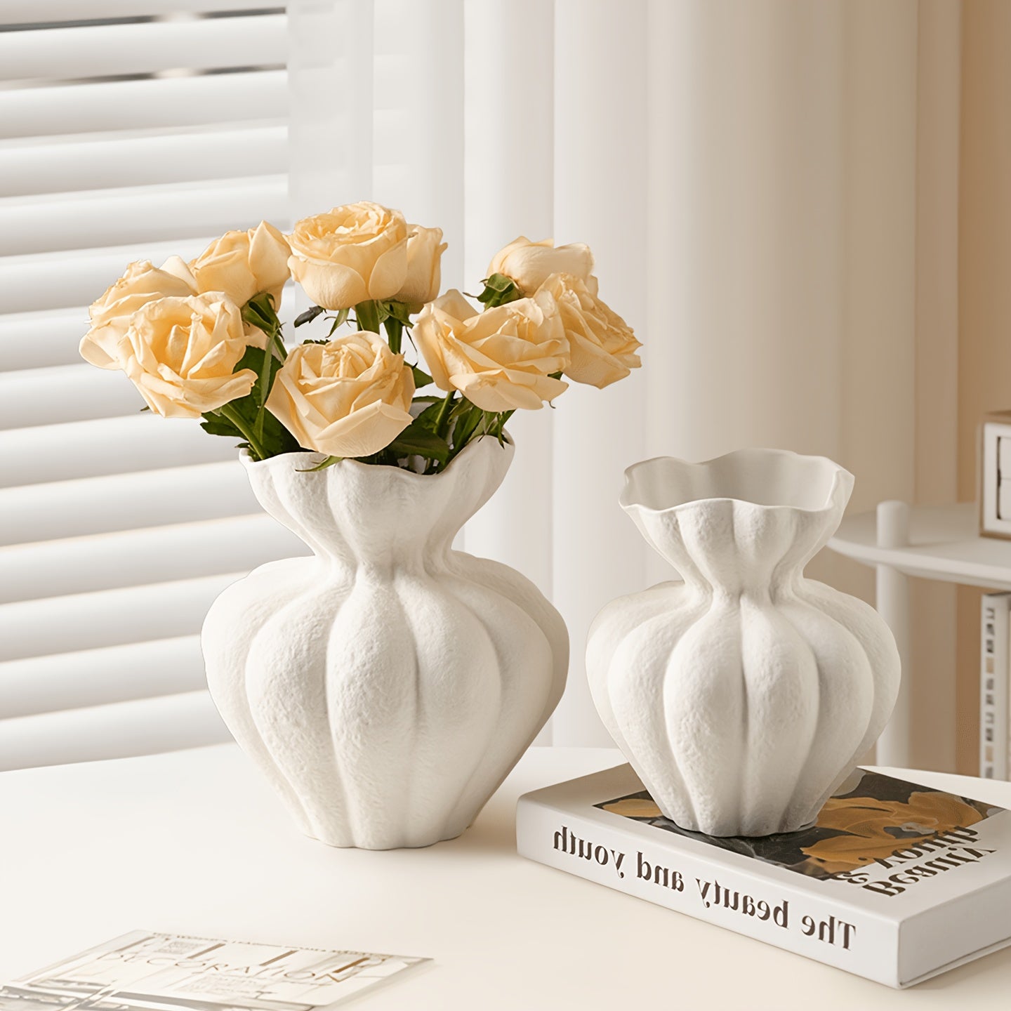 White Ceramic Vase, 8.2 Inch Modern Boho White Flower Vase for Home Decor, Unique Vase for Farmhouse Living Room Cabinet Table Centerpieces Wedding Decorations