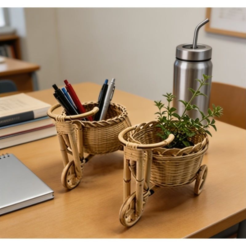 Handmade Mini Bamboo Decorative Storage Basket, Flower Basket with Tricycle Art Design, Pen Holder for Desk, Suitable for Living Room, Bedroom And Outdoor Decoration (Not for Food Contact), Shelf Baskets