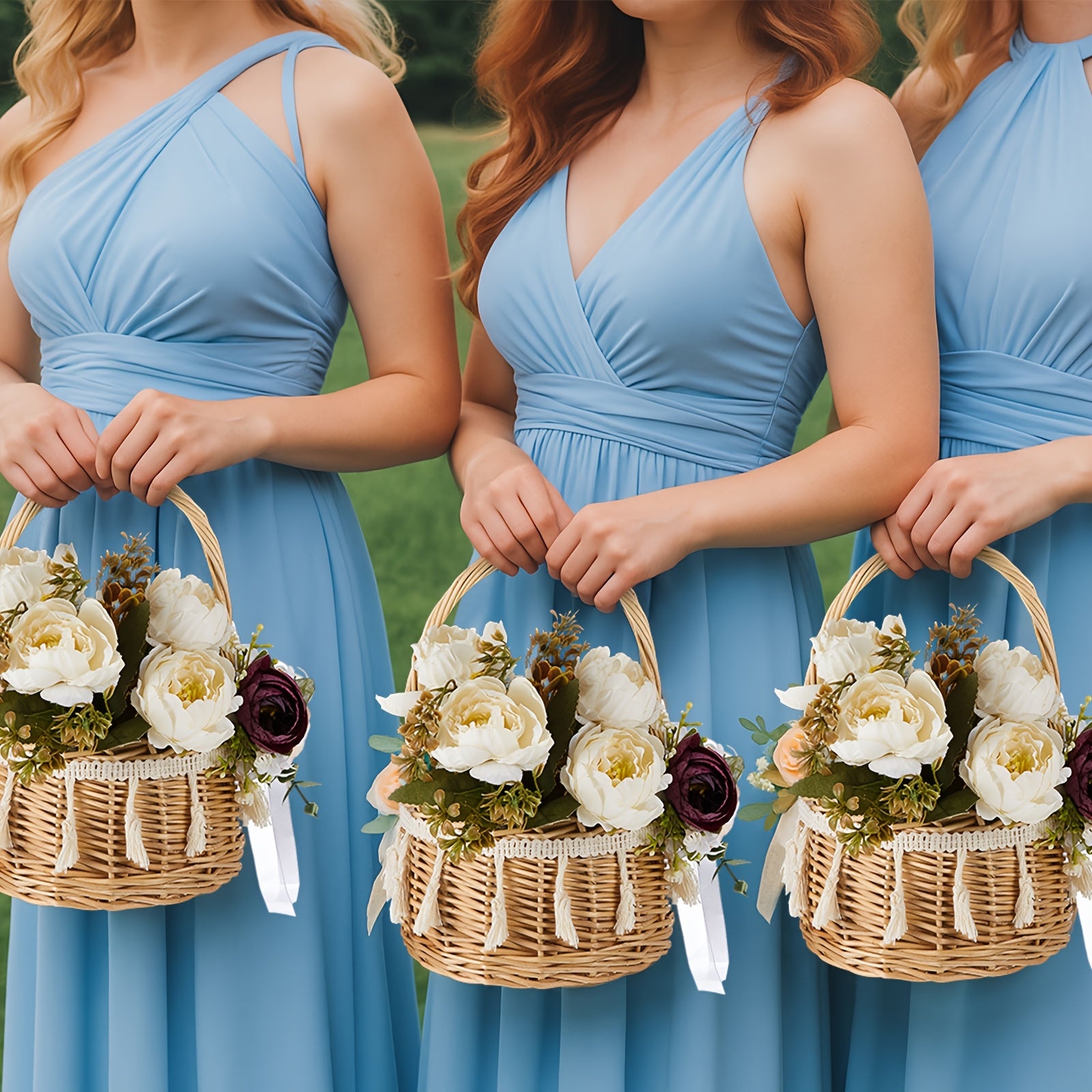 4pcs Rattan Woven Flower Basket Picnic Basket For Wedding Small 5.12 X 8.27 Inch Rustic Wicker Floral Storage Basket With Artificial Flowers Decorative And Handle For Home Wedding Birthday Decor (Purple)
