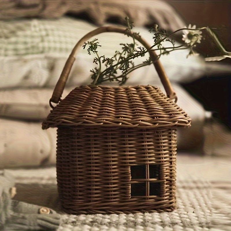INS Style Woven Small House Storage Basket Handmade Floral Tote Organizer for Travel Outdoor Use, Shelf Baskets