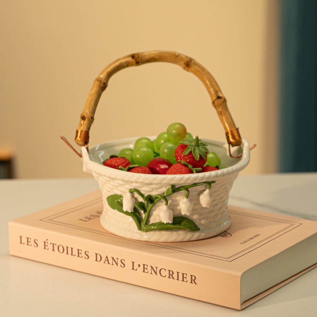 Creative Ceramic Lily of The Valley Handheld Basket, Fruit Basket, Living Room Home Desktop Display Tray, Snack Tray, Storage Basket, Shelf Baskets