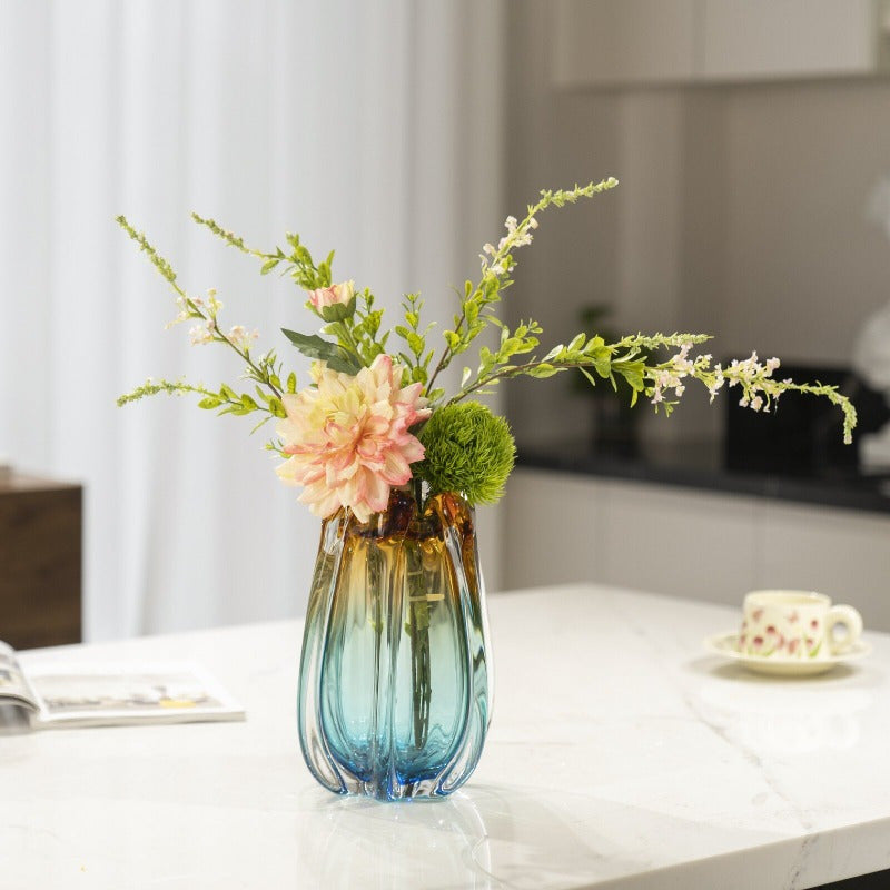 1pc glass vase, luxurious handmade blown art, blue and amber, suitable for home decoration, 9.5-inch high dining table decoration, can be used to hold water