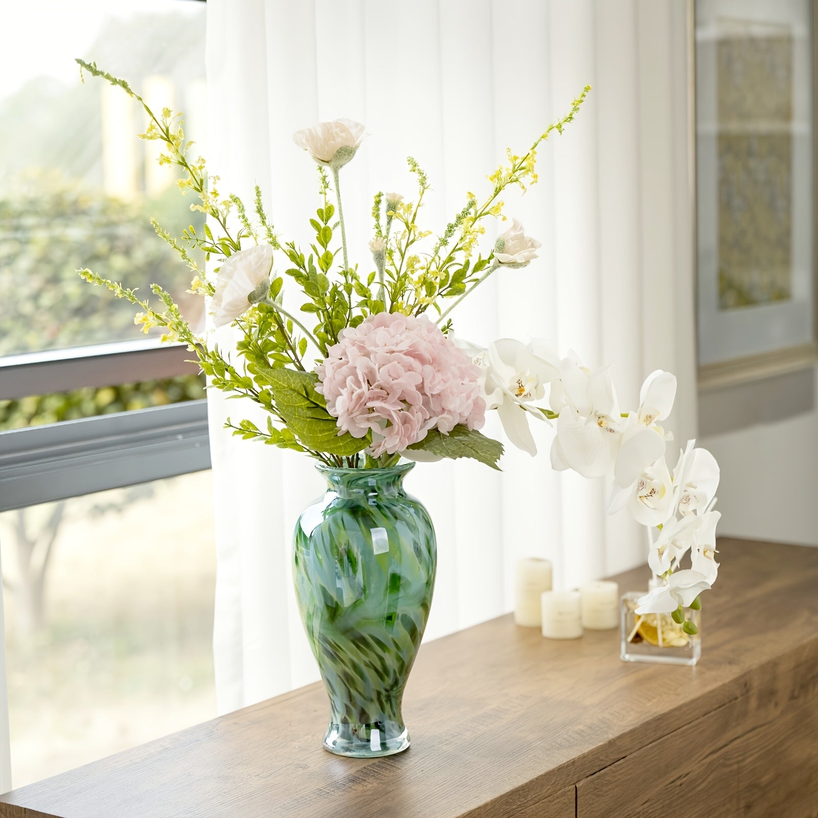Green | Handmade Handmade Green Glass 1pc Vase | Beautiful Spring Flower Arrangement Container, Wide Mouth Vase | Unique Gift for Mothers And Sisters, Suitable for Central Table Decoration, Living Room Or Wedding Decoration