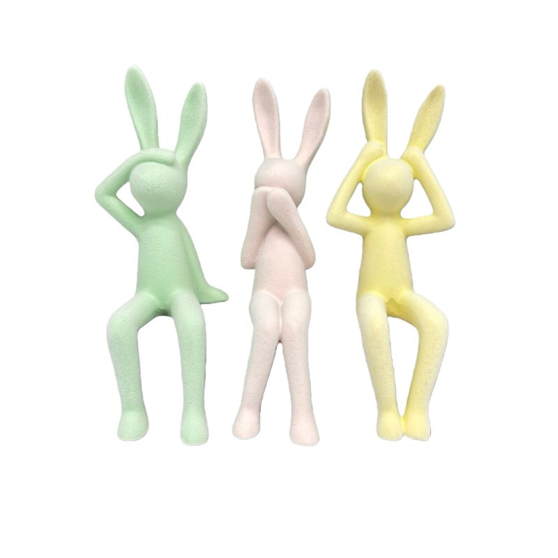 3pcs Bohemian Macaron Flocked Rabbit Figurines - Resin Suitable for Bunny Shelf Decor, Decorations, Kawaii Bunny Statues for Home, Perfect Gift for Rabbit Lovers, Aesthetic Room Ornaments for Living Room Bedroom