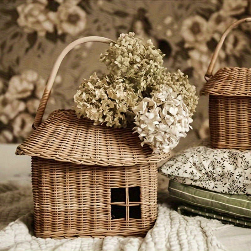 INS Style Woven Small House Storage Basket Handmade Floral Tote Organizer for Travel Outdoor Use, Shelf Baskets